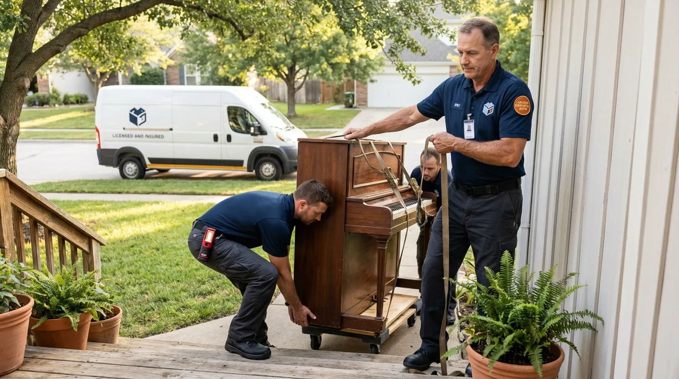 Licensed piano movers securing grand piano in Mount Morris, MI
