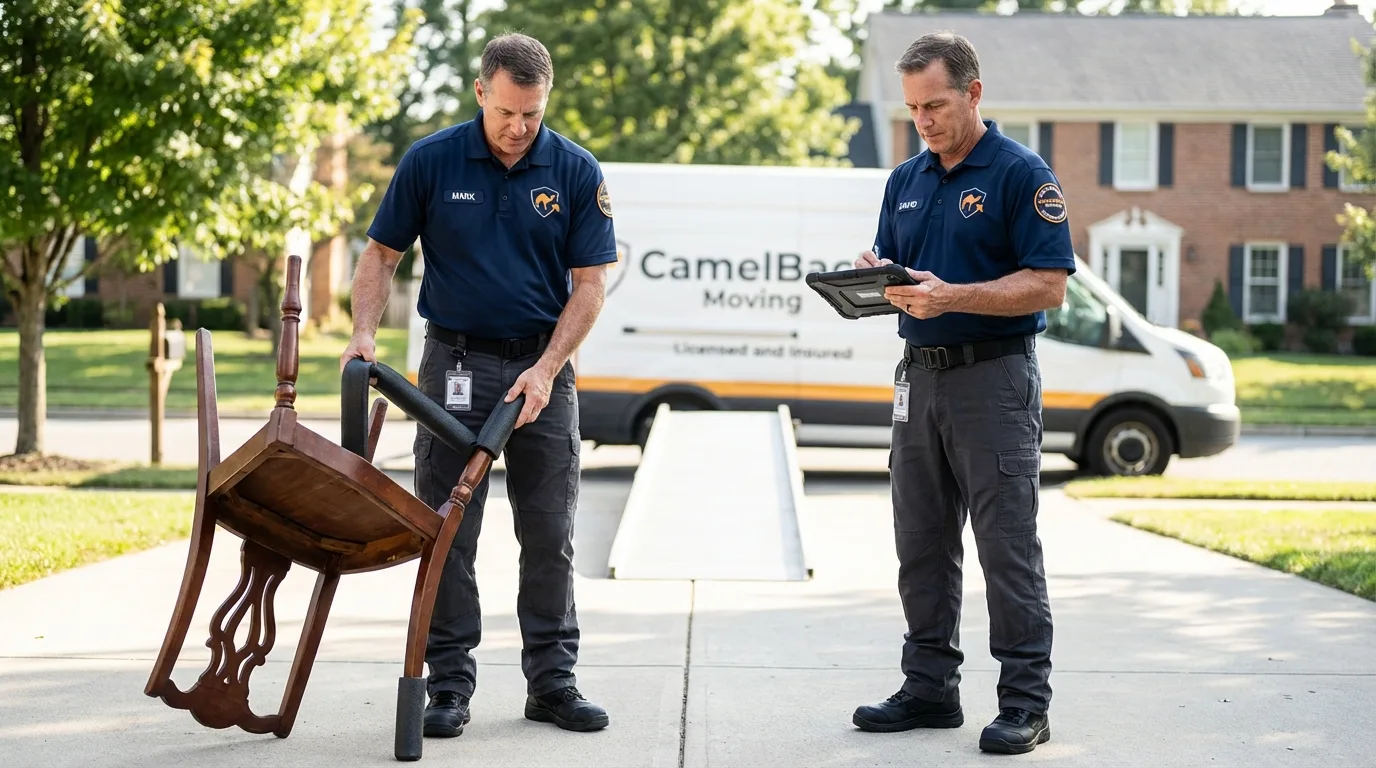 Movers inspecting furniture for damage prevention before loading in Mount Morris, MI
